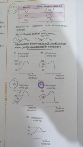 Sidür.
j/mol
enler-
z III
k-
YKS BENİMHOCAM
22.
Yukarıda bazı maddelerin molar oluşum ısıları
verilmiştir.
105
80
İleri aktifleşme enerjisi 105 kj olan;
X₂Y(+XY (g)
→→X2(g) + XY 2(g)
tepkimesinin potansiyel enerji - tepkime koor-
dinatı grafiği aşağıdakile