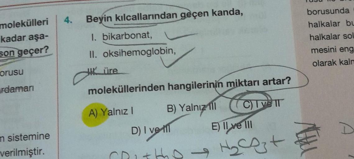 molekülleri
kadar aşa-
son geçer?
orusu
ardamarı
m sistemine
verilmiştir.
Beyin kılcallarından geçen kanda,
1. bikarbonat,
II. oksihemoglobin,
üre
moleküllerinden
A) Yalnız I
hangilerinin miktarı artar?
Co
B) Yalnız ill
C) I vent
D) I ve til
E) II ve III
C