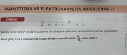 MANYETİZMA VE ELEKTROMANYETİK İNDÜKLENME - I
ÖRNEK
6id K d
d
L
Şekilde verilen iletken ve sayfa düzlemine dik yerleştirilen tellerden i ve 6i şiddetinde akımlar geçmektedir.
B
Buna göre, K ve L noktalarında oluşan bileşke manyetik alanlar
B₁
oranı kaçtır?