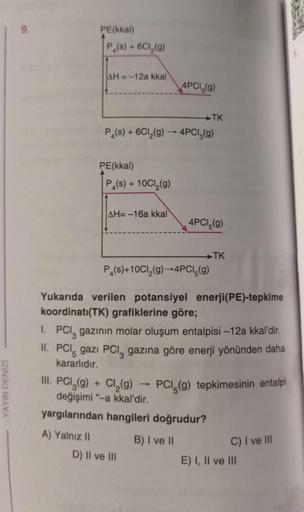 YAYIN DENİZİ
9.
PE(kkal)
P (s) + 6Cl₂(g)
AH = -12a kkal
PE(kkal)
P(s) + 6C1₂(g) →→ 4PC1₂(g)
P (s) + 10Cl₂(g)
AH=-16a kkal
4PC1₂(g)
TK
P(s)+10Cl₂(g) →4PCI(g)
4PCI-(g)
D) II ve III
TK
Yukarıda verilen potansiyel enerji(PE)-tepkime
koordinati(TK) grafiklerine