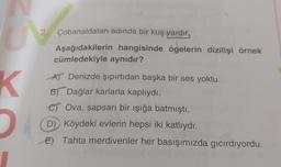 K
2. Çobanaldatan adında bir kuş vardır,
Aşağıdakilerin hangisinde ögelerin dizilişi örnek
cümledekiyle aynıdır?
AT Denizde şıpırtıdan başka bir ses yoktu.
B) Dağlar karlarla kaplıydı.
C) Ova, sapsarı bir ışığa batmıştı.
D) Köydeki evlerin hepsi iki katlıydı.
E) Tahta merdivenler her basışımızda gıcırdıyordu.