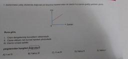 1. Sürtünmesiz yatay düzlemde doğrusal yol boyunca hareket eden bir cismin hız-zaman grafiği şekildeki gibidir.
Buna göre,
Hız
yargılarından hangileri doğrudur?
A) I ve III
B) Yalnız III
0
1. Cisim dengelenmiş kuvvetlerin etkisindedir.
II. Cisme etkiyen net kuvvet hareket yönündedir.
III. Cismin ivmesi sabittir.
C) II ve III
Zaman
D) Yalnız II
E) Yalnız I