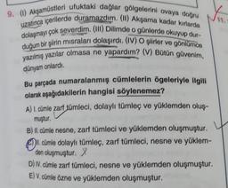 9. (1) Akşamüstleri ufuktaki dağlar gölgelerini ovaya doğru
uzatınca içerilerde duramazdım. (11) Akşama kadar kırlarda
dolaşmayı çok severdim. (III) Dilimde o günlerde okuyup dur-
duğum bir şiirin misraları dolaşırdı. (IV) O şiirler ve gönlümce
yazılmış yazılar olmasa ne yapardım? (V) Bütün güvenim,
dünyam onlardı.
Bu parçada numaralanmış cümlelerin ögeleriyle ilgili
olarak aşağıdakilerin hangisi söylenemez?
A) I. cümle zarf tümleci, dolaylı tümleç ve yüklemden oluş-
muştur.
B) II. cümle nesne, zarf tümleci ve yüklemden oluşmuştur.
II. cümle dolaylı tümleç, zarf tümleci, nesne ve yüklem-
den oluşmuştur. X
D) IV. cümle zarf tümleci, nesne ve yüklemden oluşmuştur.
E) V. cümle özne ve yüklemden oluşmuştur.
11.