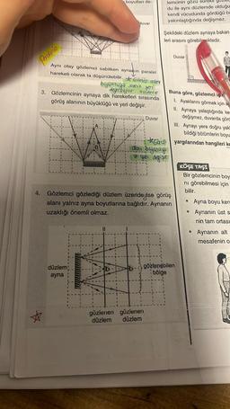 3.
Peraldise
Aynı olay gözlemci sabitken aynanin paralel
hareketi olarak ta düşünülebilir.
boyutları de-
Görüş alay
büyükluga sabit yeri
değişiyor sadece
Gözlemcinin aynaya dik hareketleri sırasında
görüş alanının büyüklüğü ve yeri değişir.
düzlem
ayna
duvar
B
MIH
Duvar
lemcinin gözü sürekli
du ile aynı düzlemde olduğu
kendi vücudunda gördüğü ba
yakınlaştığında değişmez.
Şekildeki düzlem aynaya bakan
leri arasını görebilmektedir.
4. Gözlemci gözlediği düzlem üzerideyise görüş
alanı yalnız ayna boyutlarına bağlıdır. Aynanın
uzaklığı önemli olmaz.
gözienen gözienen
düzlem düzlem
Gus
alanı böjokiugu
ve geri değişir
Buna göre, gözlemci için
1. Ayaklarını görmek için ay
II. Aynaya yalaştığında ken
değişmez, duvarda görd
III. Aynayı yere doğru yak
bildiği bölümlerin boyu
yargılarından hangileri ke
Duvar
gözlenebilen
bölge
KÖŞE TAŞI
Bir gözlemcinin boy
ni görebilmesi için
bilir.
•
●
Ayna boyu ken
Aynanın üst s
nin tam ortası
Aynanın alt
mesafenin o