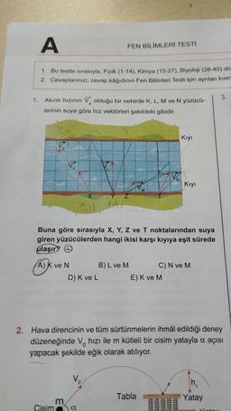 A
1. Bu testte sırasıyla, Fizik (1-14), Kimya (15-27), Biyoloji (28-40) ala
2. Cevaplarınızı, cevap kâğıdının Fen Bilimleri Testi için ayrılan kısm
1. Akıntı hızının Volduğu bir nehirde K, L, M ve N yüzücü-
lerinin suya göre hız vektörleri şekildeki gibidir.
(A)K
V
V
A) K ve N
Cisim
Buna göre sırasıyla X, Y, Z ve T noktalarından suya
giren yüzücülerden hangi ikisi karşı kıyıya eşit sürede
ulaşır?
m
D) K ve L
FEN BİLİMLERİ TESTİ
115.
Vo
a
B) L ve M
Kıyı
E) K ve M
2. Hava direncinin ve tüm sürtünmelerin ihmâl edildiği deney
düzeneğinde V hızı ile m kütleli bir cisim yatayla a açısı
yapacak şekilde eğik olarak atılıyor.
Kıyı
Tabla
C) N ve M
3.
h₁
Yatay