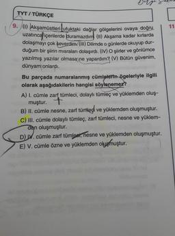 TYT / TÜRKÇE
9. (1) Akşamüstleri ufuktaki dağlar gölgelerini ovaya doğru
uzatınca içerilerde duramazdım (II) Akşama kadar kırlarda
dolaşmayı çok severdim/ (III) Dilimde o günlerde okuyup dur-
duğum bir şiirin misraları dolaşırdı. (IV) O şiirler ve gönlümce
yazılmış yazılar olmasa ne yapardım? (V) Bütün güvenim,
dünyam onlardı.
Bu parçada numaralanmış cümlelerin ögeleriyle ilgili
olarak aşağıdakilerin hangisi söylenemez?
A) I. cümle zarf tümleci, dolaylı tümleç ve yüklemden oluş-
+
muştur.
B) II. cümle nesne, zarf tümledi ve yüklemden oluşmuştur.
C) III. cümle dolaylı tümleç, zarf tümleci, nesne ve yüklem-
den oluşmuştur.
D) IV. cümle zarf tümleei, nesne ve yüklemden oluşmuştur.
E) V. cümle özne ve yüklemden oluşmuştur.
11