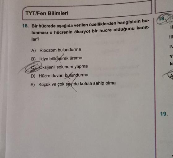 TYT/Fen Bilimleri
16. Bir hücrede aşağıda verilen özelliklerden hangisinin bu-
lunması o hücrenin ökaryot bir hücre olduğunu kanıt-
lar?
A) Ribozom bulundurma
B) Ikiye bölünerek üreme
COksijenli solunum yapma
D) Hücre duvarı bulundurma
E) Küçük ve çok sayı