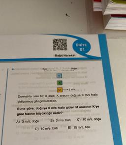 4. te tekent shetto Batipe MJ Xeble Doğu enged.
eyted nose J
by und S
Bağıl Hareket
TE
lev
A) 3 m/s, doğu
ll suples
K
X
D) 10 m/s, batı
Bar
- 6 m/s
ÜNİTE
01
able M
818 J1
Durmakta olan bir X aracı K aracını doğuya 9 m/s hızla
gidiyormuş gibi görmektedir.
balsat nobribininos16
DIXüvüd ninizin nome J Ill
Buna göre, doğuya 6 m/s hızla giden M aracının K'ye
göre hızının büyüklüğü nedir?ener nebrisligisy
araci
B) 3 m/s, bati
ne M
8 tabl
va
C) 10 m/s, doğu
E) 15 m/s, batı