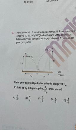 2.
Hava direncinin önemsiz olduğu ortamda N, R noktalarından
sırasıyla vo, 2v, büyüklüğündeki hızlarla yatay doğrultuda
fırlatılan bilyeler şekildeki yörüngeyi izleyerek
yere çarpıyorlar.
4h
113
D) I ve II
A) = 1/2
N
Vo
B)
XN
T
4
9
C)
2V0 R
XR
N'nin yere çarpıncaya kadar yatayda aldığı yol XN
R'ninki de x, olduğuna göre, N oranı kaçtır?
XN
XR
12
9h
113
m
D)
T noktasından
yer
(yatay)
E)