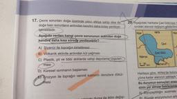 17. Çevre sorunları doğa üzerinde yıkıcı etkiye sahip olsa da
doğa bazı sorunların ardından kendini daha kolay yenileye-
bilmektedir.
Aşağıda verilen hangi çevre sorununun ardından doğa
kendini daha kısa sürede yenileyebilir?
A) Siyanür ile toprağın kirletilmesi
B) Volkanik aktivite ardından kül yağması
C) Plastik, pil ve tıbbi atıklarda vahşi depolama uygulan-
ması
D) Küresel ısınmanın başlaması
rozyon ile toprağın verimli kısmının denizlere dökül-
mesi
da iklim değişi-
20 Aşağıdaki haritada Çad Gölü'nün
sındaki alansal değişimi gösterilmi
Nijer
Nijerya
0 30
-
km
1973
Çad
Çad Gölü
Kamerun
Nije
Haritaya göre, Afrika'da buluna
yılına kadar alanının yaklaşık
Bu durumun sonuçları arası
sinin yer alması bekleneme
A) Biyoçeşitliliğin azalması)
B) Rüzgâr erozyonunun art