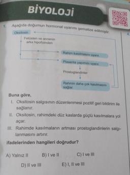 BİYOLOJİ
1. Aşağıda doğumun hormonal uyarımı şematize edilmiştir.
Oksitosin
Fetüsten ve annenin
arka hipofizinden
A) Yalnız II
D) II ve III
Rahim kasılmasını uyarır.
B) I ve Il
Plasenta yapımını uyarır.
Prostoglandinler
Buna göre,
1. Oksitosin salgısının düzenlenmesi pozitif geri bildirim ile
sağlanır.
II. Oksitosin, rahimdeki düz kaslarda güçlü kasılmalara yol
açar.
III. Rahimde kasılmaların artması prostoglandinlerin salgı-
lanmasını artırır.
ifadelerinden hangileri doğrudur?
Rahmin daha çok kasılmasını
sağlar.
C) I ve III
OKO
E) I, II ve III
4.