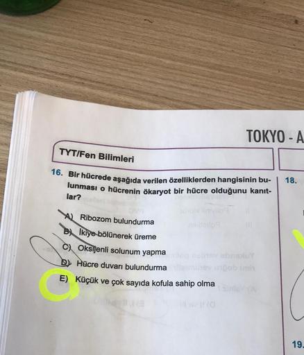 TYT/Fen Bilimleri
16. Bir hücrede aşağıda verilen özelliklerden hangisinin bu-
lunması o hücrenin ökaryot bir hücre olduğunu kanıt-
lar?
nolx linivilo
nelitalloq
A Ribozom bulundurma
Bİkiye bölünerek üreme
C) Oksijenli solunum yapma
Hücre duvarı bulundurma