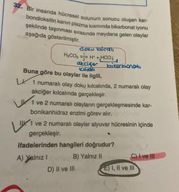 32. Bir insanda hücresel solunum sonucu oluşan kar-
bondioksitin kanın plazma kısmında bikarbonat iyonu
şeklinde taşınması sırasında meydana gelen olaylar
aşağıda gösterilmiştir.
doku alcali
H₂CO3 H+HCO3
akciğer
Kuali
Buna göre bu olaylar ile ilgili,
1 numaralı olay doku kılcalında, 2 numaralı olay
akciğer kılcalında gerçekleşir.
bikarbonat
1 ve 2 numaralı olayların gerçekleşmesinde kar-
bonikanhidraz enzimi görev alır.
LI. 1
1 ve 2 numaralı olaylar alyuvar hücresinin içinde
gerçekleşir.
ifadelerinden hangileri doğrudur?
A) Yalnız I
B) Yalnız II
D) II ve III
C) I ve III
E) I, II ve III