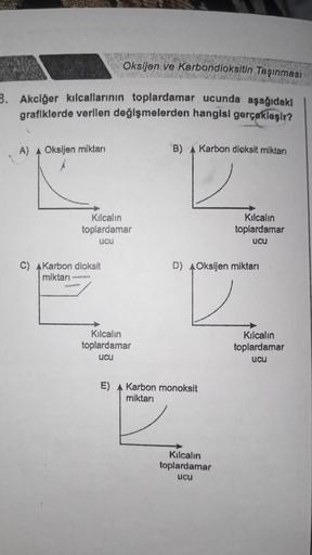 Oksijen ve Karbondioksitin Taşınması
3. Akciğer kılcallarının toplardamar ucunda aşağıdakı
grafiklerde verilen değişmelerden hangisi gerçekleşir?
A) Oksijen miktarı
Kılcalin
toplardamar
ucu
C) AKarbon dioksit
miktarı
Kılcalin
toplardamar
ucu
E)
B)
Karbon d