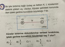 9. Bir iple birbirine bağlı özdeş ve iletken K, L kürelerinin
elektrik yükleri +q, +3q'dur. Küreler şekildeki konumda
iken ipteki gerilme kuvvetinin büyüklüğü T'dir.
J24² +
+q
K
3
B) ³/4
74
ip
d
Küreler birbirine dokundurulup serbest bırakılırsa,
ipteki gerilme kuvvetinin büyüklüğü kaç T olur?
E) 2
A) - 3
C) 1
6.T
+3q
L
29 yatay
D)
249²
d2
3
29