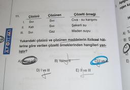 esi
APOIEMI
11.
I.
II.
III.
Çözücü
SIVI
Kati
SIVI
Çözünen
SIVI
SIVI
Gaz
A) Yalnız
Yukarıdaki çözücü ve çözünen maddelerin fiziksel hâl-
lerine göre verilen çözelti örneklerinden hangileri yan-
liştır?
D) I ve III
Çözelti örneği
Civa - su karışımı
B) Yalniz ti
Şekerli su
Maden suyu
E) II ve III
C) Ive
2.
Aşag
rojen ka
H
A) TL
B) S
E)