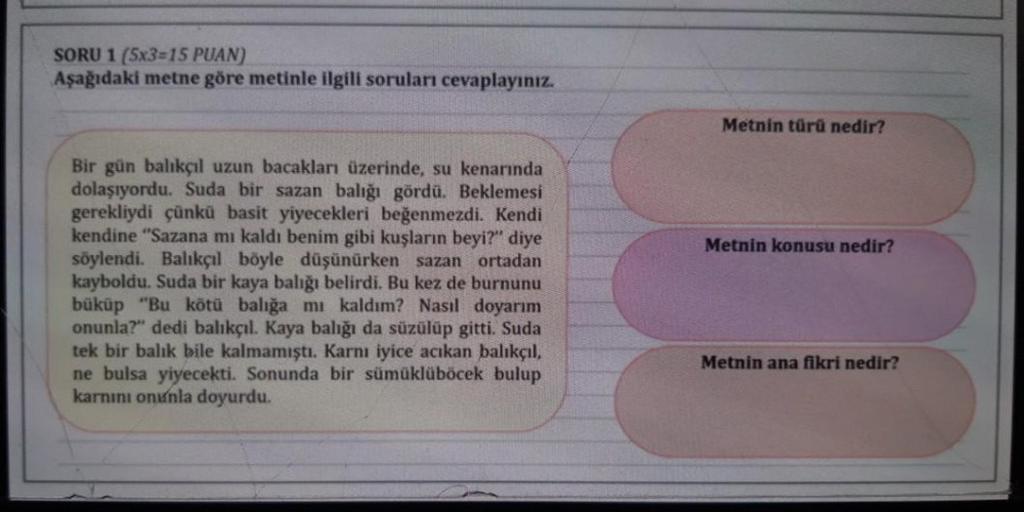 SORU 1 (5x3=15 PUAN)
Aşağıdaki metne göre metinle ilgili soruları cevaplayınız.
Bir gün balıkçıl uzun bacakları üzerinde, su kenarında
dolaşıyordu. Suda bir sazan balığı gördü. Beklemesi
gerekliydi çünkü basit yiyecekleri beğenmezdi. Kendi
kendine "Sazana 