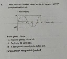 3.
Basit harmonik hareket yapan bir cismin konum - zaman
grafiği şekildeki gibidir.
25
-25
Konum (cm)
T
2
4
61
8 10 Zaman (s)...
Buna göre, cismin
1. Hareket genliği 25 cm 'dir.
II. Periyodu 10 saniyedir.
III. 4. saniyede hızı en büyük değeri alır.
yargılarından hangileri doğrudur?