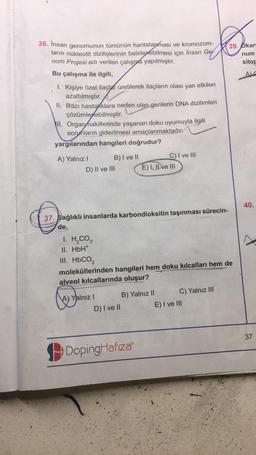 36. İnsan genomunun tümünün haritalanması ve kromozom-
ların nükleotit dizilişlerinin belirlenebilmesi için İnsan Ge
nom Projesi adı verilen çalışma yapılmıştır.
Bu çalışma ile ilgili,
1. Kişiye özel ilaçlar üretilerek ilaçların olası etkileri
azaltılmıştır.
yan
II. Bazı hastanklara neden olan genlerin DNA dizilimleri
çözümlenebilmiştir.
II. Organhakillerinde yaşanan doku uyumuyla ilgili
sorunların giderilmesi amaçlanmaktadır.
yargılarından hangileri doğrudur?
A) Yalnız I
B) I ve II
D) II ve III
A) Yalnız I
37. Sağlıklı insanlarda karbondioksitin taşınması sürecin-
de,
D) I ve II
C) I ve III
E) I, II ve III
1. H₂CO3
II. HbH*
III. HbCO,
moleküllerinden hangileri hem doku kılcalları hem de
alveol kılcallarında oluşur?
B) Yalnız II
DopingHafiza
C) Yalnız III
39. Okary
num
sitop
ALG
E) I ve III
40.
37