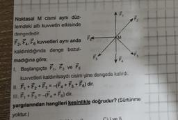 Noktasal M cismi aynı düz-
lemdeki altı kuvvetin etkisinde
ILL
A F₁
dengededir.
F2, F4, F6 kuvvetleri aynı anda
kaldırıldığında denge bozul-
madığına göre;
1. Başlangıçta F₁, F3 ve F5
kuvvetleri kaldırılsaydı cisim yine dengede kalırdı.
II. F₁+F₂ + F3 = -(F4 + F5 + F6) dir.
III. F₁+F3 = -(F₁+F) dir.
yargılarından hangileri kesinlikle doğrudur? (Sürtünme
yoktur.)
F
M
F₂
Clivell
F3