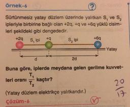 Örnek-6
Sürtünmesiz yatay düzlem üzerinde yalıtkan S, ve S₂
ipleriyle birbirine bağlı olan +2q, +q ve +6q yüklü cisim-
leri şekildeki gibi dengededir.
+2q
+q
S, ipi
d
S₂ ipi
2d
+6q
Yatay
Buna göre, iplerde meydana gelen gerilme kuvvet-
T₁
leri oranı kaçtır?
T₂
(Yatay düzlem elektrikçe yalıtkandır.)
Çözüm-6
20
17