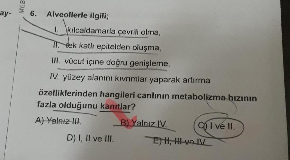 ay-
MEB
6.
Alveollerle ilgili;
1. kılcaldamarla çevrili olma,
II. tek katlı epitelden oluşma,
III. vücut içine doğru genişleme,
IV. yüzey alanını kıvrımlar yaparak artırma
özelliklerinden hangileri canlının metabolizma hızının
fazla olduğunu kanıtlar?
A) Y