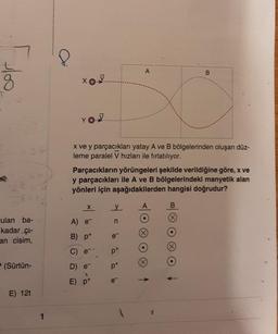 100
ulan ba-
kadar çı-
an cisim,
- (Sürtün-
E) 12t
YOU
1>
X
x ve y parçacıkları yatay A ve B bölgelerinden oluşan düz-
leme paralel V hızları ile fırlatılıyor.
A) e
B) p+
C) e-
D) e
Parçacıkların yörüngeleri şekilde verildiğine göre, x ve
y parçacıkları ile A ve B bölgelerindeki manyetik alan
yönleri için aşağıdakilerden hangisi doğrudur?
A
y
n
e™
p+
A
p+
e
B
B
↑