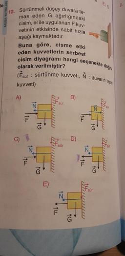 le
MUBA YAYINLARI
12. Sürtünmeli düşey duvara te-
mas eden G ağırlığındaki
cisim, el ile uygulanan F kuv-
vetinin etkisinde sabit hızla
aşağı kaymaktadır.
Buna göre, cisme etki
eden kuvvetlerin serbest
cisim diyagramı hangi seçenekte doğru
olarak verilmiştir?
(Fsür: sürtünme kuvveti, Ñ : duvarın tepki
kuvveti)
A)
C)
TI↓
IALL
tzv
to
t6
E)
sür
sür
VILL
B)
D).
SPOL
LL
Z!
www
16
t6
sür
tu
2.