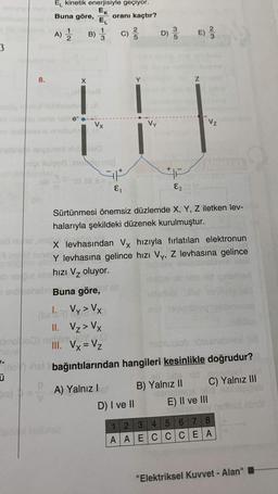 3
910
Ü
8.
d
EL kinetik enerjisiyle geçiyor.
Ek
Buna göre,
oranı kaçtır?
EL
2
A) B) C)-
1-
(fo) sl
p
X
dmolio) netim
100
ated whiloka
Aul200 hep in
$t 01.28.
Vx
Buna göre,
1.
(bal: 7) Vy > Vx
II. V₂> Vx
netlim JUYO
III. Vx = V₂
+
E₁
A) Yalnız Ist
bağıntılarından
Vy
D) I ve II
D)
Sürtünmesi önemsiz düzlemde X, Y, Z iletken lev-
halarıyla şekildeki düzenek kurulmuştur.
86 020
X levhasından Vx hızıyla fırlatılan elektronun
Y levhasına gelince hızı Vy, Z levhasına gelince
nchizi V₂ oluyor.
12
+
35
nelerty
Z
23
Vz
B) Yalnız II
AUMENTA
Forte our pur
E2
neplublob 101sansbro 18
hangileri kesinlikle doğrudur?
oil
O
C) Yalnız III
alldealhitgigab
nothid abiot
sangbrox plic
E) II ve III
1 2 3 4 5
678
AAECC CEA
"Elektriksel Kuvvet - Alan"