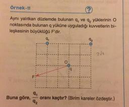 Örnek-11
Aynı yalıtkan düzlemde bulunan q, ve q₂ yüklerinin O
noktasında bulunan q yüküne uyguladığı kuvvetlerin bi-
leşkesinin büyüklüğü F'dir.
Buna göre,
F
SONG
9₁
9₂
q
92
9₁
oranı kaçtır? (Birim kareler özdeştir.)
2√2