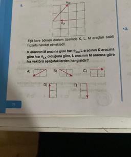 26
9.
Eşit kare bölmeli düzlem üzerinde K, L, M araçları sabit
hızlarla hareket etmektedir.
K aracının M aracına göre hızı KM L aracının K aracına
göre hızı Lk olduğuna göre, L aracının M aracına göre
hız vektörü aşağıdakilerden hangisidir?
"T
A) □
215
KM
B)
D)
18
N
E)
12.