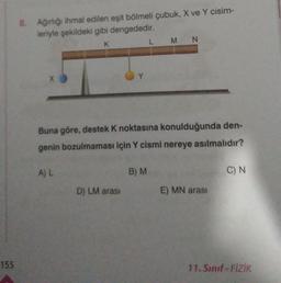 155
8. Ağırlığı ihmal edilen eşit bölmeli çubuk, X ve Y cisim-
leriyle şekildeki gibi dengededir.
K
X
A) L
Buna göre, destek K noktasına konulduğunda den-
genin bozulmaması için Y cismi nereye asılmalıdır?
D) LM arası
L
B) M
MN
E) MN arası
C) N
11. Sınıf-FİZİK