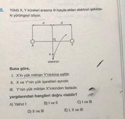 5.
Yüklü X, Y küreleri arasına hızıyla atılan elektron şekilde-
ki yörüngeyi izliyor.
O
d
0
D) II ve III
elektron
d
Buna göre,
I. X'in yük miktarı Y'ninkine eşittir.
II. X ve Y'nin yük işaretleri aynıdır.
III. Y'nin yük miktarı X'inkinden fazladır.
yargılarından hangileri doğru olabilir?
A) Yalnız I
B) I ve II
C) I ve III
E) I, II ve III