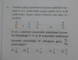 4. Yalıtkan yatay düzlemlerde bulunan şekildeki nok-
tasal K ve L yüklerinden oluşan sistem ile K ve M
yüklerinden oluşan sistem birbirinin etki alanı dı-
şındadır.
K
A)
d
1
18
L
K
qk
qL
qk
K ve L cisimleri arasındaki elektriksel kuvve-
tin büyüklüğü F, K ve M arasındaki elektriksel
kuvvetin büyüklüğü 2F olduğuna göre,
oranı kaçtır?
B)
13
3d
M
O
9M
D) 1/12
E)
qL
qM
W/N