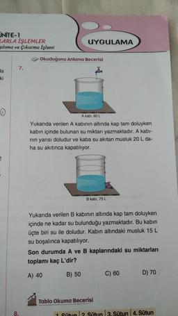 UNITE-1
LARLA İŞLEMLER
plama ve Çıkarma İşlemi
la
ki
0
2
7.
8.
UYGULAMA
Okuduğunu Anlama Becerisi
A kabi, 60 L
Yukarıda verilen A kabının altında kap tam doluyken
kabın içinde bulunan su miktarı yazmaktadır. A kabi-
nın yarısı doludur ve kaba su akıtan musluk 20 L da-
ha su akıtınca kapatılıyor.
B kabi, 75 L
Yukarıda verilen B kabının altında kap tam doluyken
içinde ne kadar su bulunduğu yazmaktadır. Bu kabin
üçte biri su ile doludur. Kabın altındaki musluk 15 L
su boşalınca kapatılıyor.
Son durumda A ve B kaplarındaki su miktarları
toplamı kaç L'dir?
A) 40
B) 50
Tablo Okuma Becerisi
C) 60
D) 70
1 Sütun 2 Sütun 3. Sütun 4. Sütun