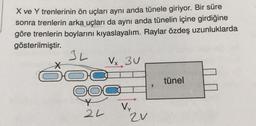 X ve Y trenlerinin ön uçları aynı anda tünele giriyor. Bir süre
sonra trenlerin arka uçları da aynı anda tünelin içine girdiğine
göre trenlerin boylarını kıyaslayalım. Raylar özdeş uzunluklarda
gösterilmiştir.
3L
Vx 3U
OOC
24
ZV
tünel