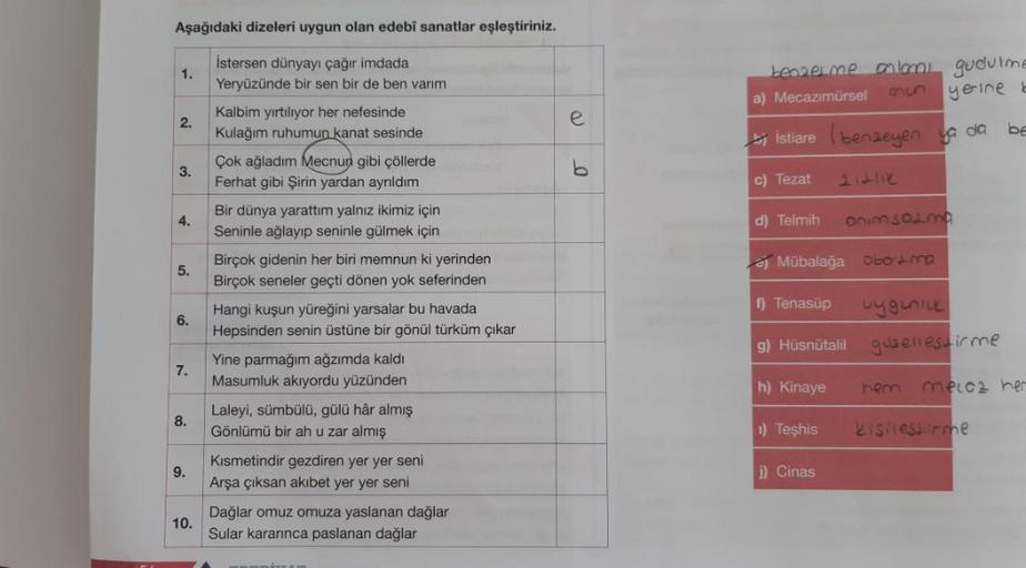 Aşağıdaki dizeleri uygun olan edebî sanatlar eşleştiriniz.
İstersen dünyayı çağır imdada
Yeryüzünde bir sen bir de ben varım
1.
2.
3.
4.
5.
6.
7.
8.
9.
10.
Kalbim yırtılıyor her nefesinde
Kulağım ruhumun kanat sesinde
Çok ağladım Mecnun gibi çöllerde
Ferha