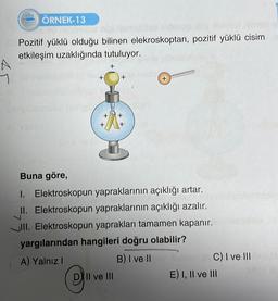 A
1
222 ÖRNEK-13
Pozitif yüklü olduğu bilinen elekroskoptan, pozitif yüklü cisim
etkileşim uzaklığında tutuluyor.
+
Buna göre,
1. Elektroskopun yapraklarının açıklığı artar.
INSC
II. Elektroskopun yapraklarının açıklığı azalır.
III. Elektroskopun yaprakları tamamen kapanır.
yargılarından hangileri doğru olabilir?
A) Yalnız I
B) I ve II
DIl ve Ill
III
C) I ve III
E) I, II ve III