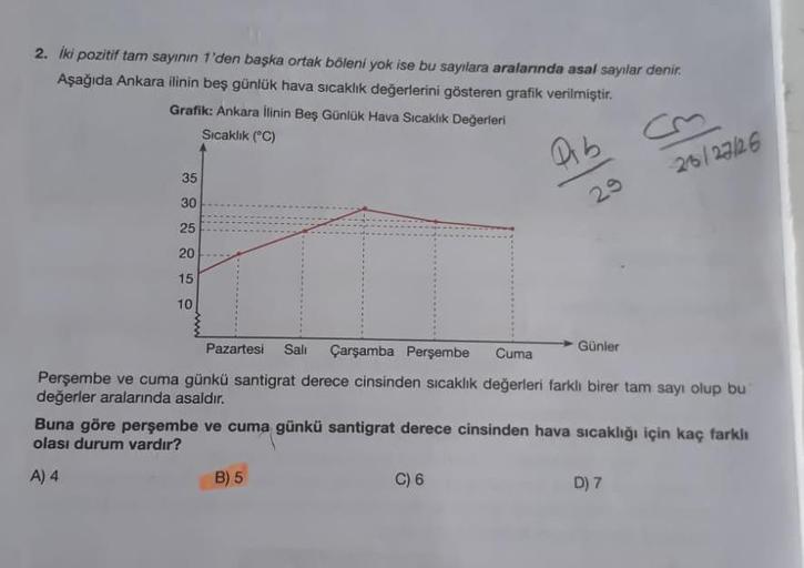 2. İki pozitif tam sayının 1'den başka ortak böleni yok ise bu sayılara aralarında asal sayılar denir.
Aşağıda Ankara ilinin beş günlük hava sıcaklık değerlerini gösteren grafik verilmiştir.
Grafik: Ankara İlinin Beş Günlük Hava Sıcaklık Değerleri
Sıcaklık