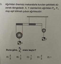 5.
Ağırlıkları önemsiz makaralarla kurulan şekildeki dü-
zenek dengededir. X, Y cisimlerinin ağırlıkları Px, Py
olup eşit bölmeli çubuk ağırlıksızdır.
Buna göre,
A)
2|5
B)
X
Px
Py
oranı kaçtır?
113
(0) 1/2
C)
D)
2/3
Y
E) 1