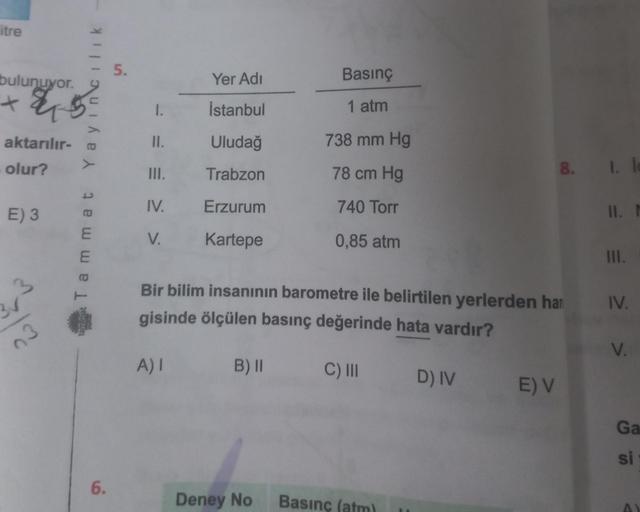 itre
bulunuyor.
+ $45
aktarılır-
olur?
E) 3
E
n3
tammat Tammat Yayıncılık
6.
5.
Yer Adı
I.
İstanbul
II. Uludağ
III.
Trabzon
IV.
Erzurum
V.
Kartepe
B) II
Basınç
1 atm
738 mm Hg
78 cm Hg
740 Torr
0,85 atm
Deney No
Bir bilim insanının barometre ile belirtilen