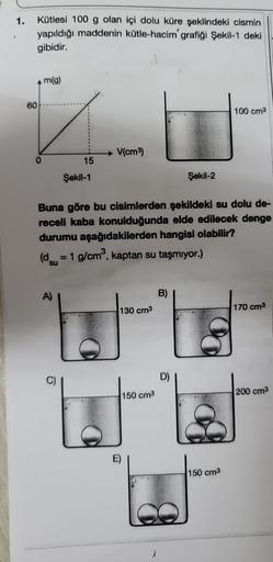 1.
}
Kütlesi 100 g olan içi dolu küre şeklindeki cismin
yapıldığı maddenin kütle-hacim' grafiği Şekil-1 deki
gibidir.
60
m(g)
A)
15
O
Şekil-1
V(cm³)
Buna göre bu cisimlerden şekildeki su dolu de-
receli kaba konulduğunda elde edilecek denge
durumu aşağıdak