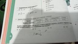 80
11. Aşağıdakilerden hangisi doğrudur?
A) 27
91-8--9
T=+27
B).
o
16-0
24
=-24
13. Sıcaklık Tul
gündür?
-b
8 +6
A) Sali
B) Çarşamba
C) Perşembe
D) Cuma
Sali
-2 °C
Çarşamba
3 °C
14. Aşağıda Ankara ilimize ait 4 günlük hava sıcaklıkları verilmiştir.
Günler
Sıcaklık Değerleri
Pazartesi
-4 °C
Sıcaklık değerleri pozitif olan günlerin sıcaklık değerleri toplamı, sıcaklık değerleri negal
olan günlerin sıcaklık değeri toplamından kaç fazladır?
A) 10
B) 12
C) 15
D) 18
s
Cuma
6 °C
3.
[-35
işlemir
A)-16
4.