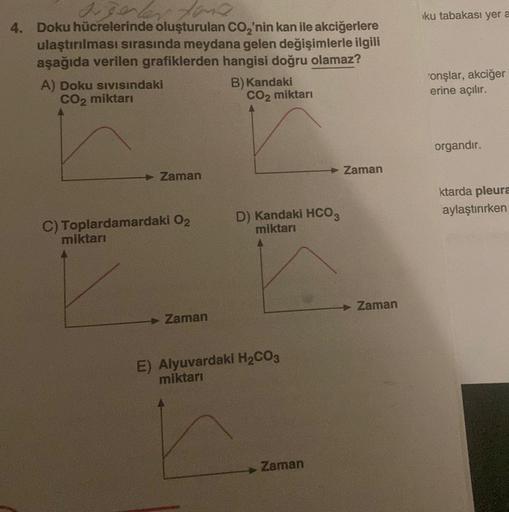 Irgenler fans
4. Doku hücrelerinde oluşturulan CO₂'nin kan ile akciğerlere
ulaştırılması sırasında meydana gelen değişimlerle ilgili
aşağıda verilen grafiklerden hangisi doğru olamaz?
A) Doku sıvısındaki
CO₂ miktarı
→ Zaman
C) Toplardamardaki 02
miktarı
Za