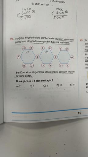 1420
3606
020
TS(3
9
17
E) 3633 ve 1451
22. Aşağıda, köşelerindeki çemberlerde sayıların yazılı oldu-
ğu üç tane altıgenden oluşan bir düzenek verilmiştir.
-1)
2
4
8
as (a
2
a
3
110
149 ve 2864
a
1900
(3100
5000
1
b
3
@
Bu düzenekte altıgenlerin köşelerind