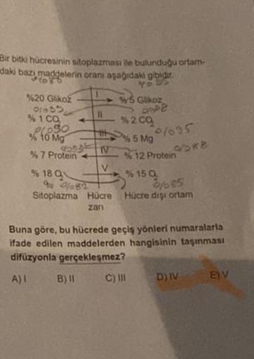 Bir bitki hücresinin sitoplazması ile bulunduğu ortam-
daki bazı maddelerin oranı aşağıdaki gibidir.
9695
%20 Glikoz
grads
% 1 CO
Pleso
% 10 Mg
900
% 7 Protein
V
V
% 18 Q
90 282
Sitoplazma Hücre
zani
B) II
40
5 Glikoz
DIOPE
%2CQ
%5 Mg
C) III
01035
%12 Prot