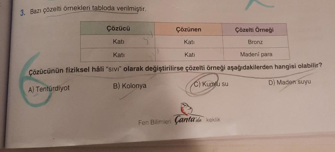 3. Bazı çözelti örnekleri tabloda verilmiştir.
Çözücü
Kati
Sy
Katı
Çözünen
Kati
Katı
Madeni para
Çözücünün fiziksel hâli "sivi" olarak değiştirilirse çözelti örneği aşağıdakilerden hangisi olabilir?
A) Tentürdiyot
B) Kolonya
C) Kumlu su
D) Maden suyu
Çözel