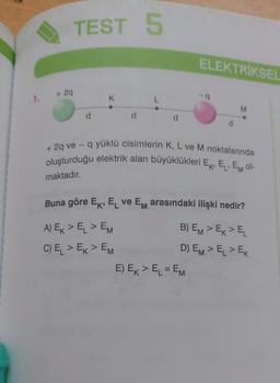 + 2q
TEST 5
d
K
d
d
ELEKTRİKSEL
-q
E) EK > EL = EM
M
+ 2q ve- q yüklü cisimlerin K, L ve M noktalarında
oluşturduğu elektrik alan büyüklükleri Ek, EL, EM OL-
maktadır.
Buna göre Ek, EL ve EM arasındaki ilişki nedir?
A) EK > EL > EM
B) EM > EK > EL
C) EL > EK > EM
D) EM> EL > EK