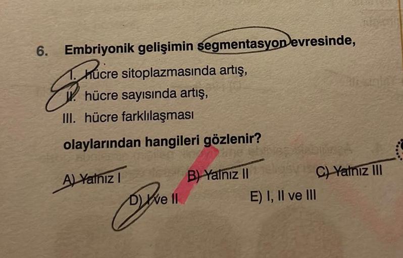 6. Embriyonik gelişimin segmentasyon evresinde,
1. hücre sitoplazmasında artış,
hücre sayısında artış,
III. hücre farklılaşması
olaylarından hangileri gözlenir?
E
A) Yalnız I
D) ve Il
Brea
B) Yalnız II
Piramine
C) Yalnız III
E) I, II ve III