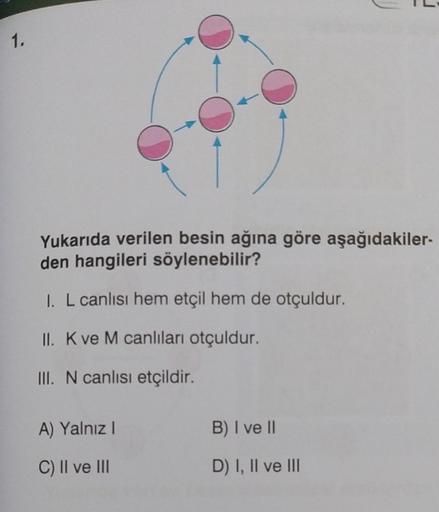 1.
Yukarıda verilen besin ağına göre aşağıdakiler-
den hangileri söylenebilir?
I. L canlısı hem etçil hem de otçuldur.
II. K ve M canlıları otçuldur.
III. N canlısı etçildir.
A) Yalnız I
C) II ve III
B) I ve II
D) I, II ve III
